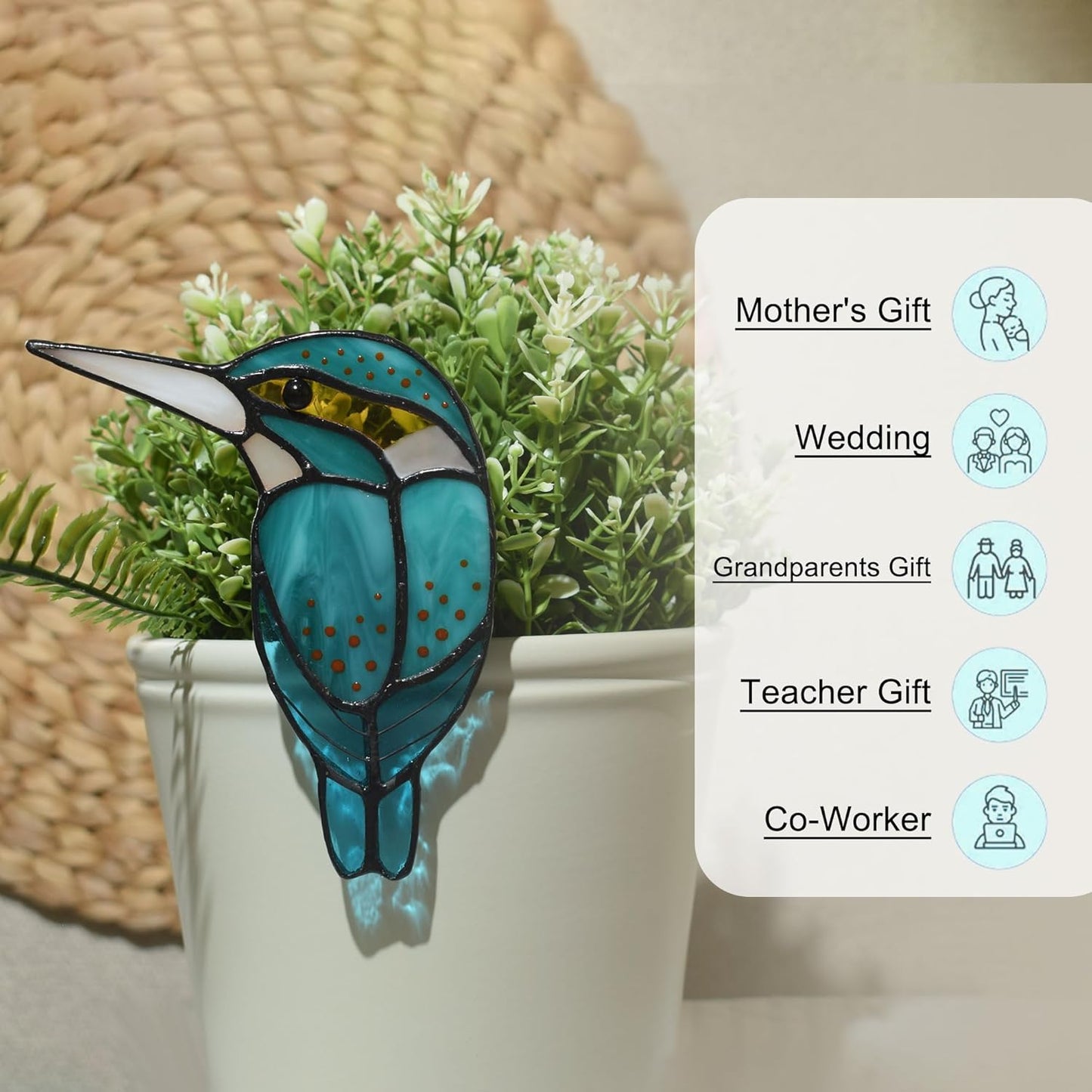Lolitarcrafts Stained Glass Kingfisher Suncatcher for Planter Decoration-Colorful Glass Plant Pot Ornament,Bird Lover Gifts,Plant Lover Gifts