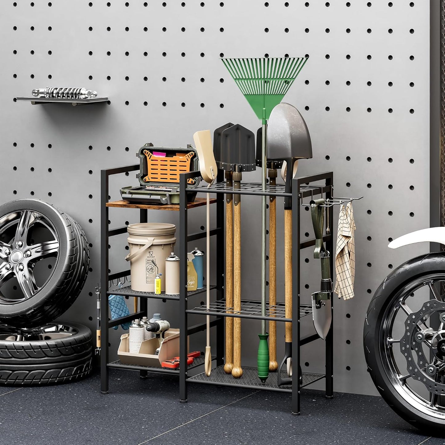 Garden Tool Organizer for Garage,3 Tier Garden Tools Rack with 8 Hooks,Up to 35 Long-Handled Tools/Rakes/Brooms, Heavy Duty Steel Garage Tool Stand for Shed, Outdoor, Black