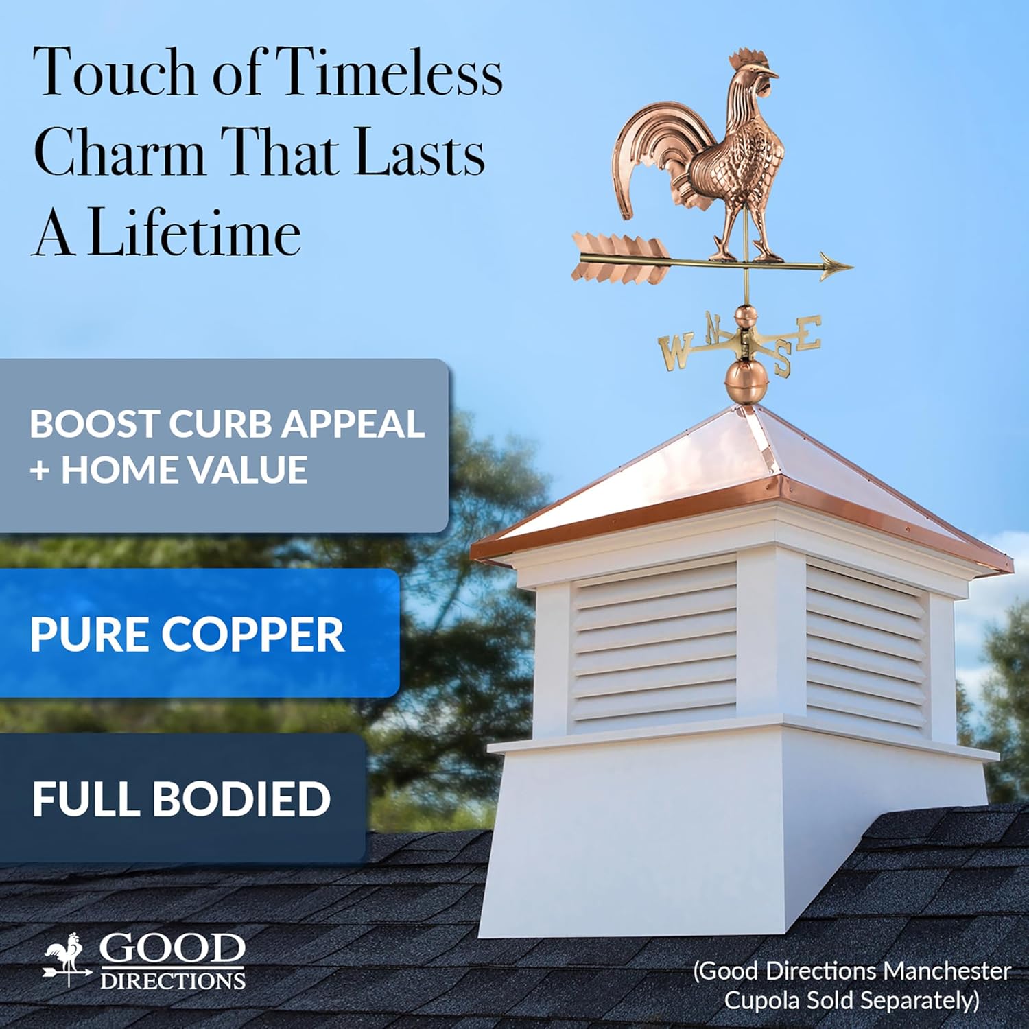 Good Directions Rooster Weathervane, Pure Copper, Polished Finish, 25-