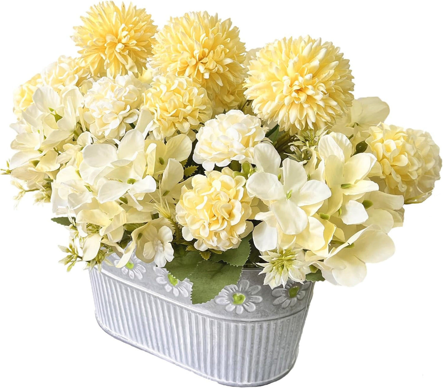 Artificial Flowers in Pot, Fake Silk Hydrangea Flower Arrangement Table Centerpiece for Home Decoration, Yellow