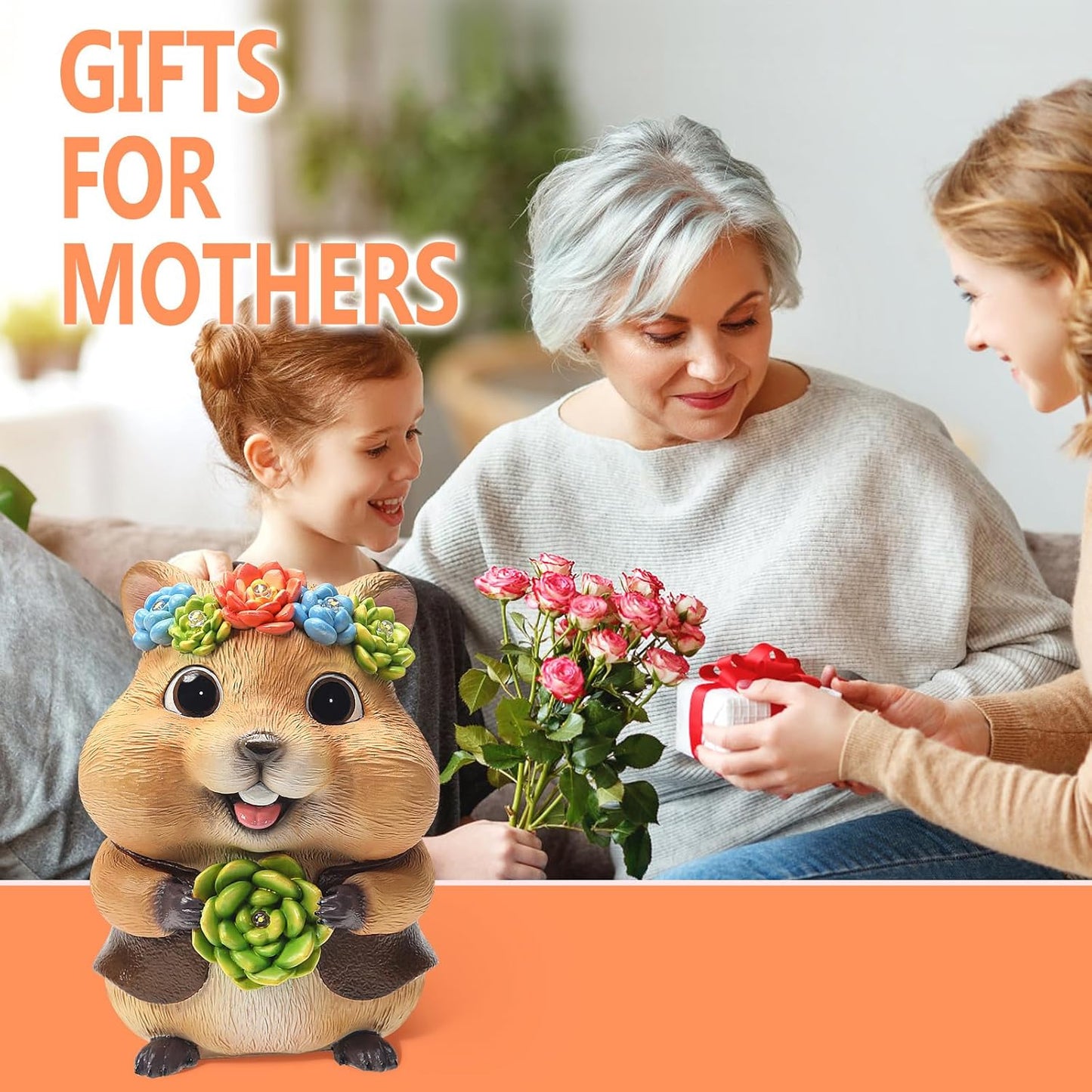 Solar Garden Decor Outdoor Statues Hamster with Succulent and LED Lights Birthday Gifts for Women Mom Grandma Outside Decorations for Lawn, Porch, Yard, Patio, Balcony