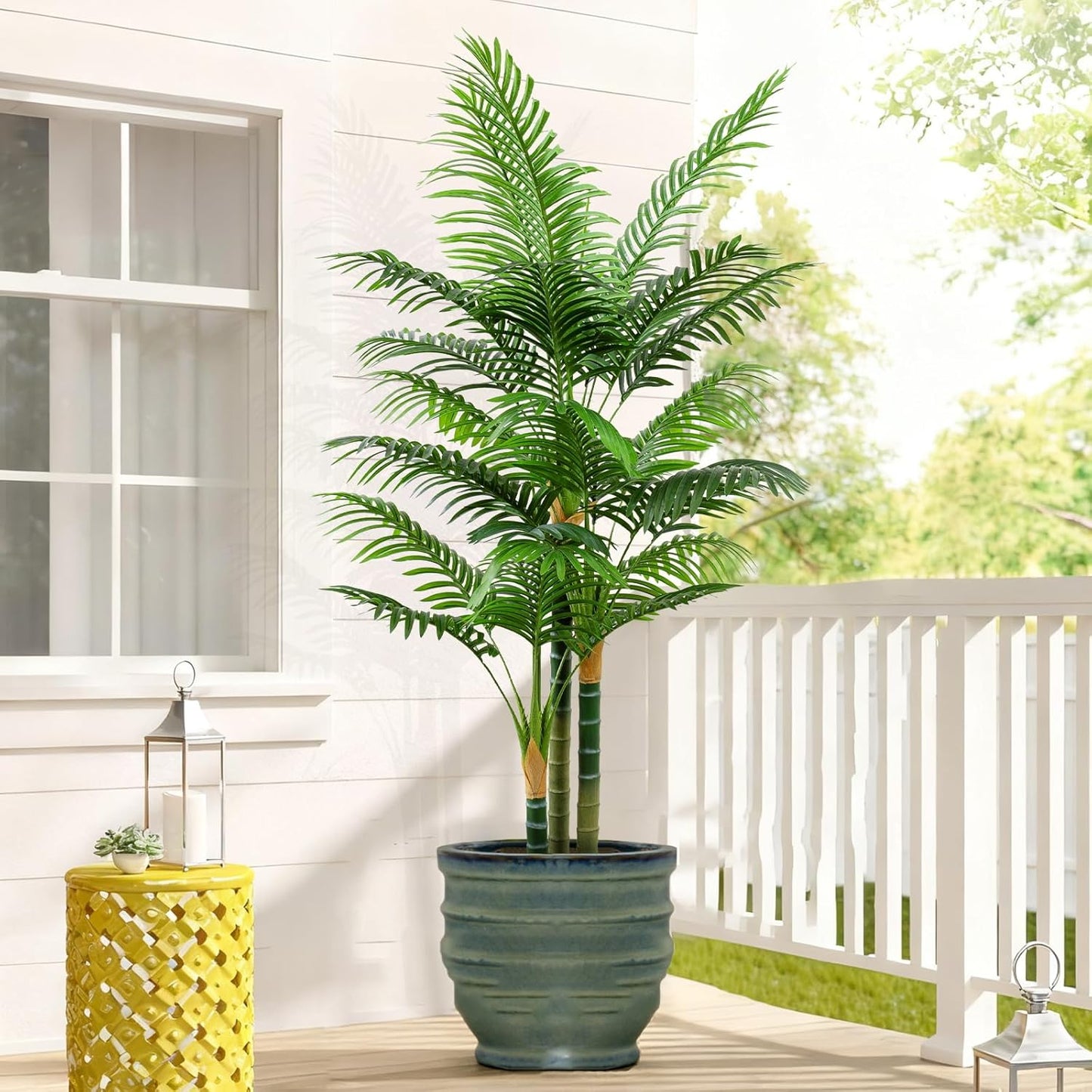 5ft Tall Golden Cane Artificial Tree Palm Outdoor, Large Artificial Plants Outdoor Faux Palm Tree with 3 Textured Trunks, Fake Tree for Indoor Outdoor Office Living Room Outside Patio