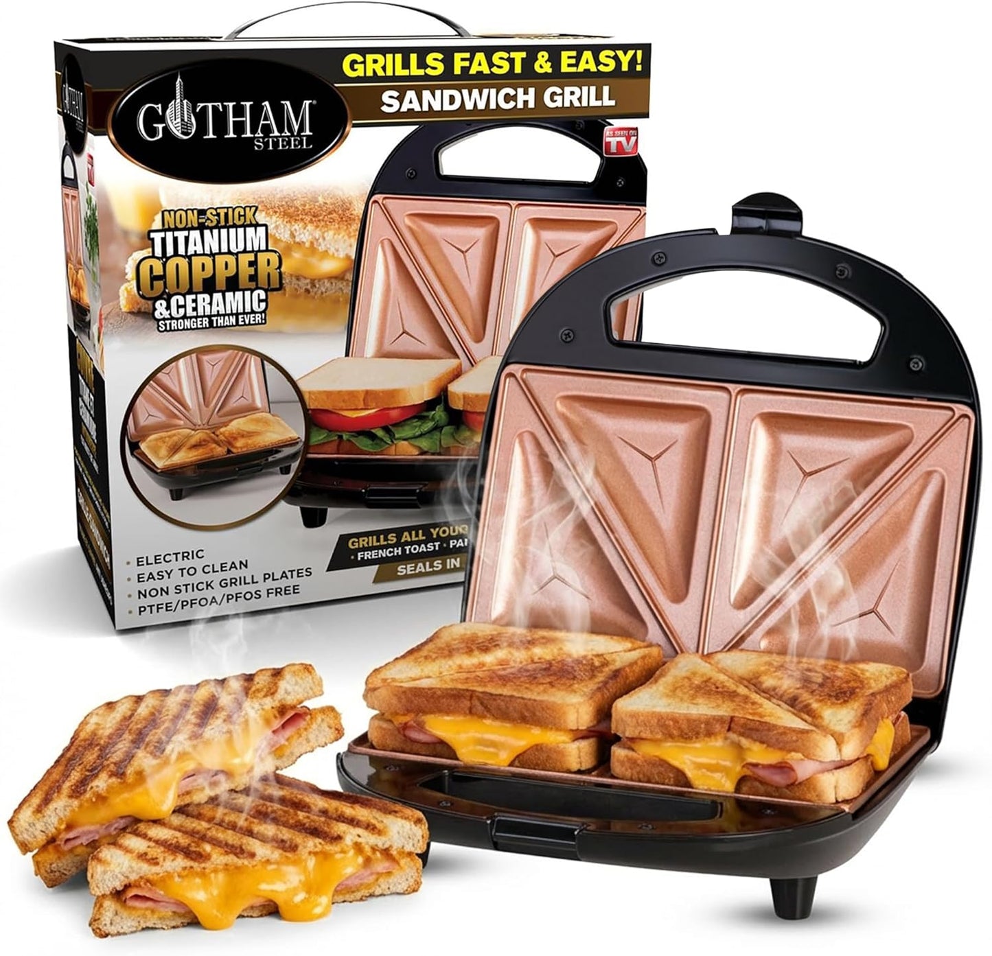 Gotham Steel Nonstick Panini Press Sandwich Maker, 2in1 Breakfast Sandwich Maker Grill / Sandwich Press Grill with Indicator Light, Grilled Cheese Maker Makes 2 Sandwiches with Easy Cut Edges
