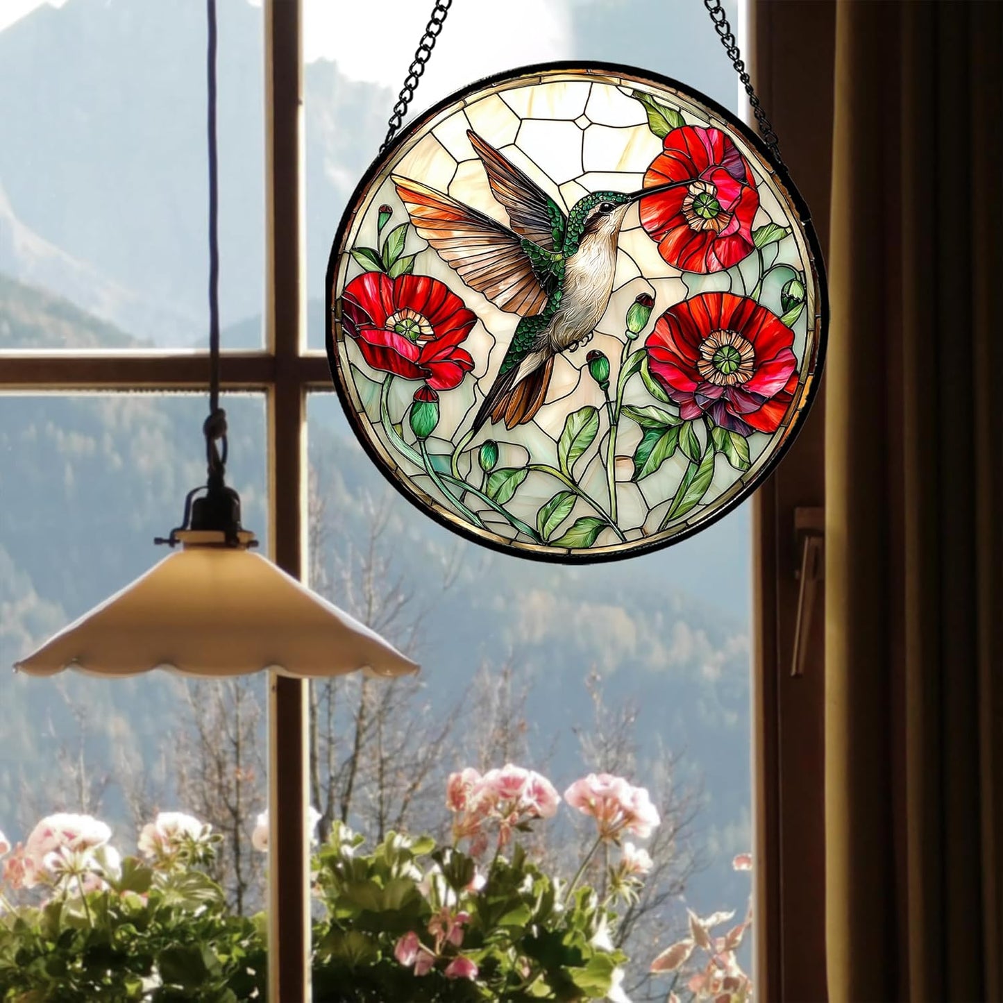 Stained Glass Window Hanging - Green Hummingbird Red Flower Suncatcher
