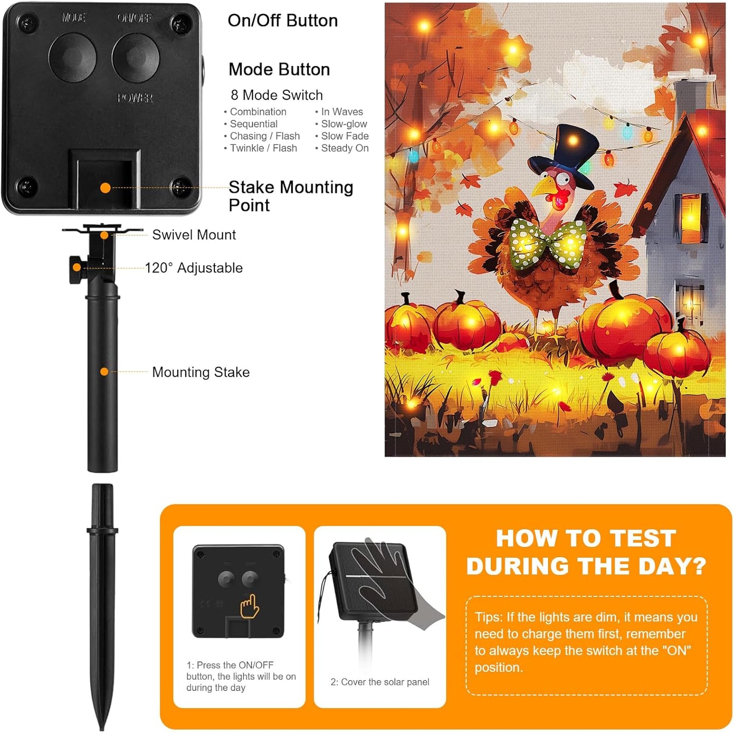 Thanksgiving Lighted Fall Garden Flag, Solar Outdoor Decorative Led Flags Yard Decor, 8 Lighting Modes Led Flag,12x18 Double Sided Turkey Pumpkin Halloween Decorations for Home Porch Outside