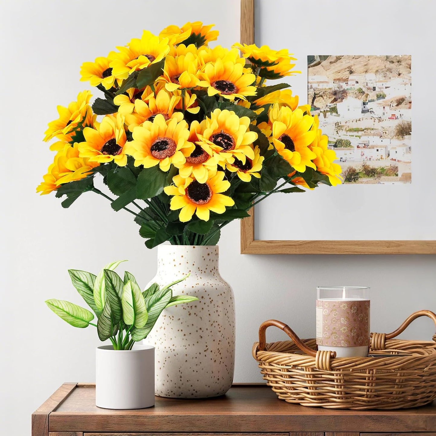 16 Bundles Sunflower Artificial Flowers for Outdoors, Indoor Yellow Fake Floral with Ground Spike for Door Yard Porch Patio Garden Window Box Office Table Kitchen Planter Pot Vase Flowerpot (A)