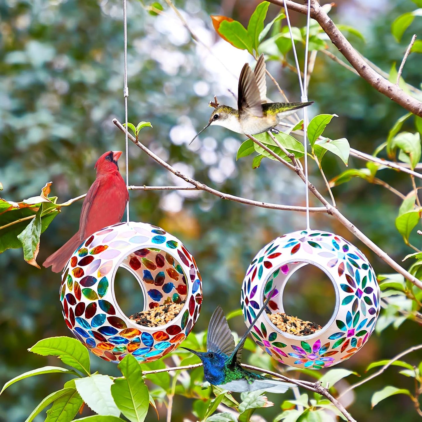2 Pcs Mosaic Glass Hanging Bird Feeder Round Fly Through Balcony Bird 