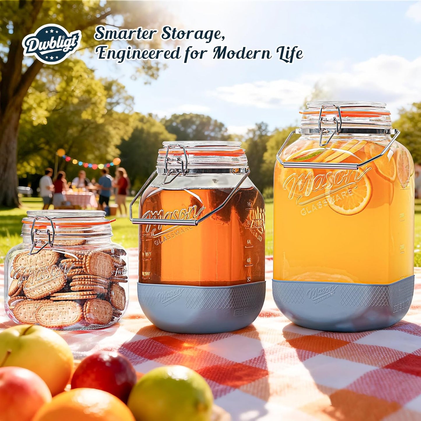 2 Pack Square 1 Gallon Glass Jar with Airtight Lid, Large Mason Jars Wide Mouth 128 Oz with Scale Marks & Handle, Glass Storage Containers with Anti-slip Base for Kitchen, Pantry, Laundry Room, Flour