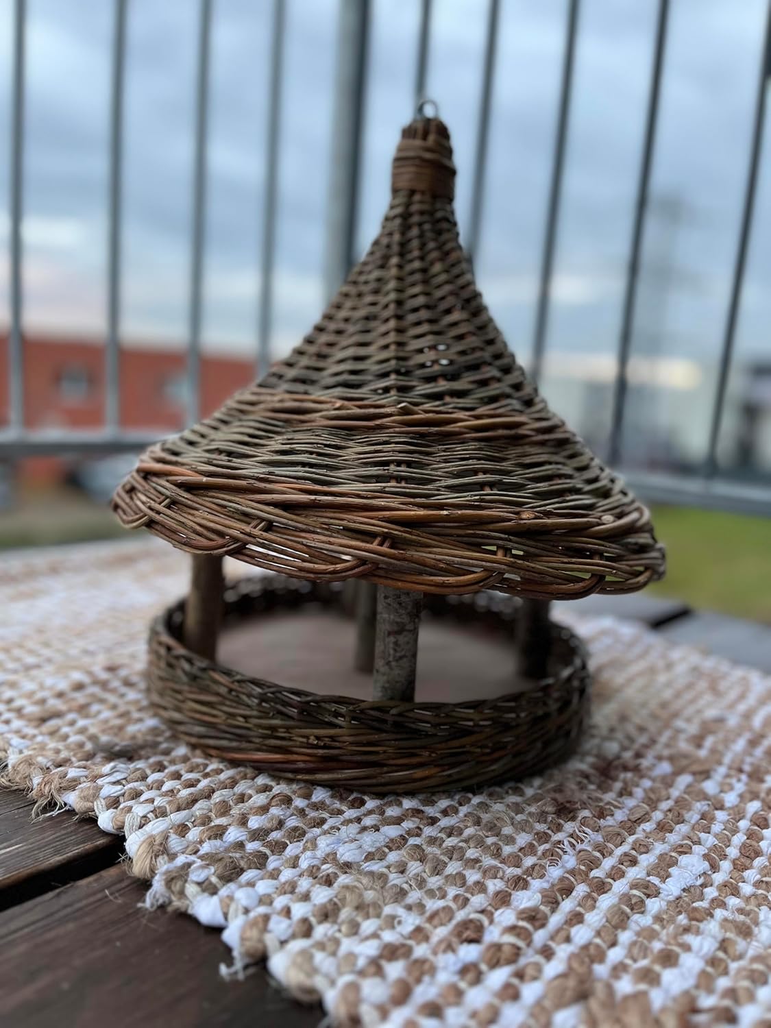 Handmade Wicker Bird Feeder with Roof 15 x 14.6 in – Rustic Willow Hanging Garden Feeder for Patio, Balcony and Yard