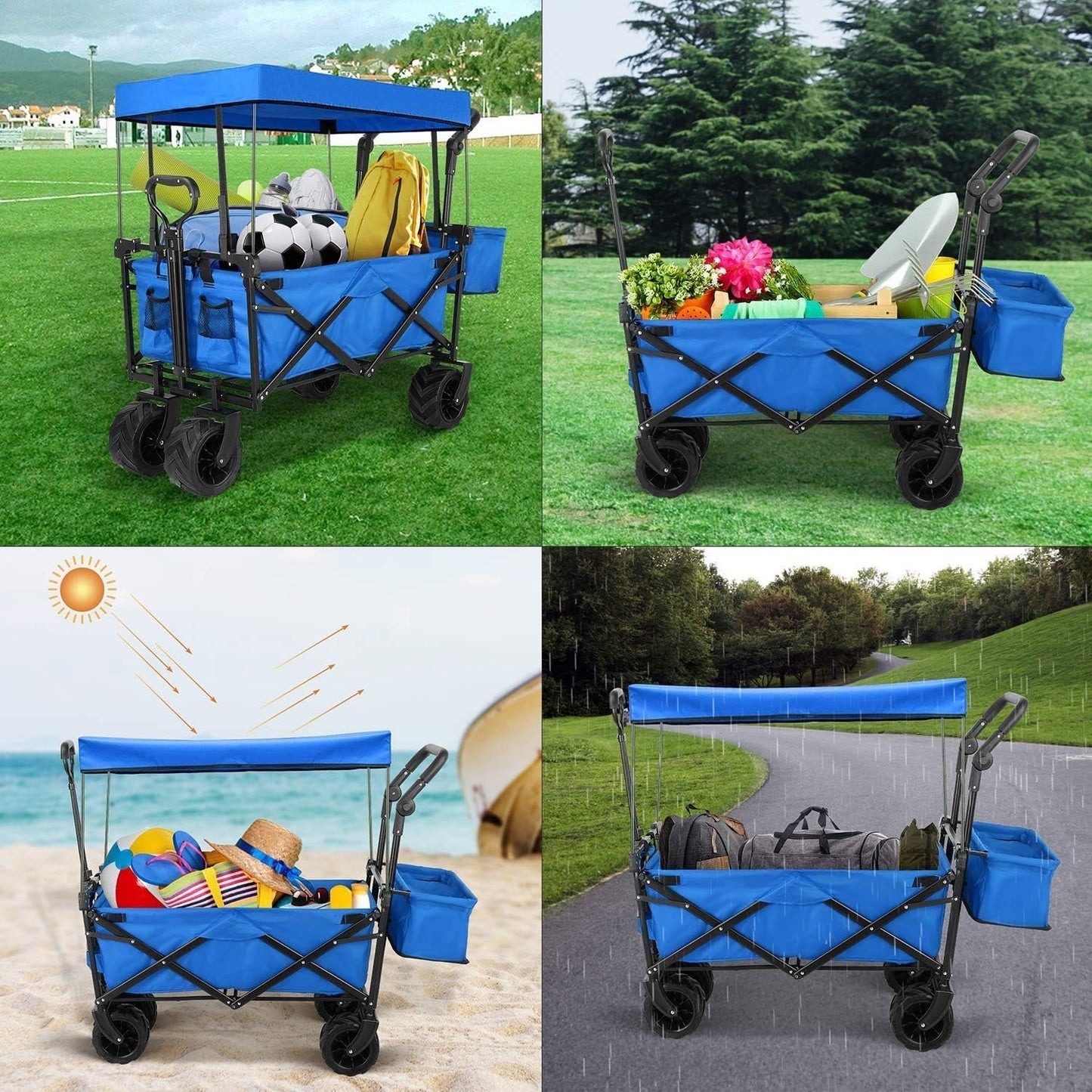 Collapsible Utility Wagon, Heavy Duty Folding Portable Push and Pull Hand Cart with Removable Canopy, for Shopping, Picnic, Beach, Camping (Blue) (Blue)