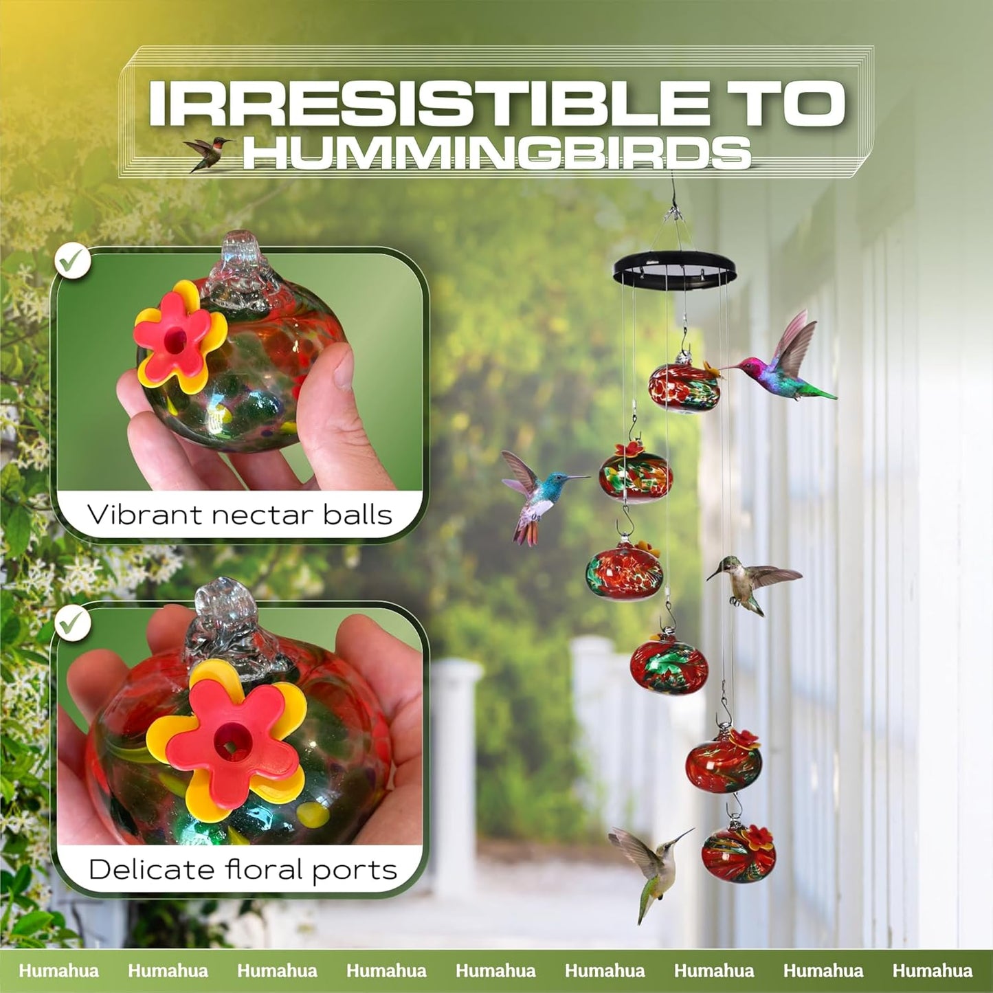Glass Hummingbird Feeder with Wind Chimes, Hanging Outdoor Bird Feeder