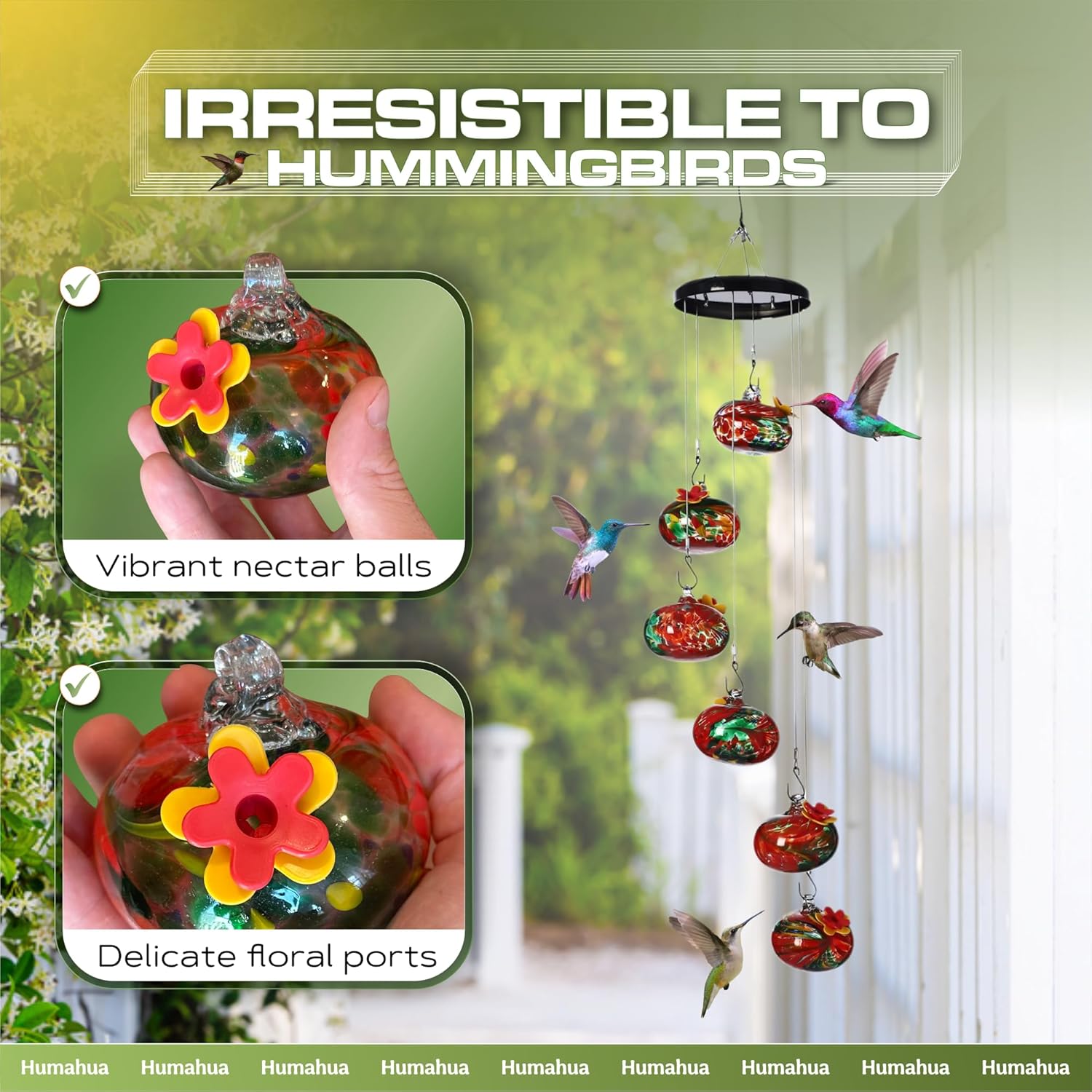 Glass Hummingbird Feeder with Wind Chimes, Hanging Outdoor Bird Feeder