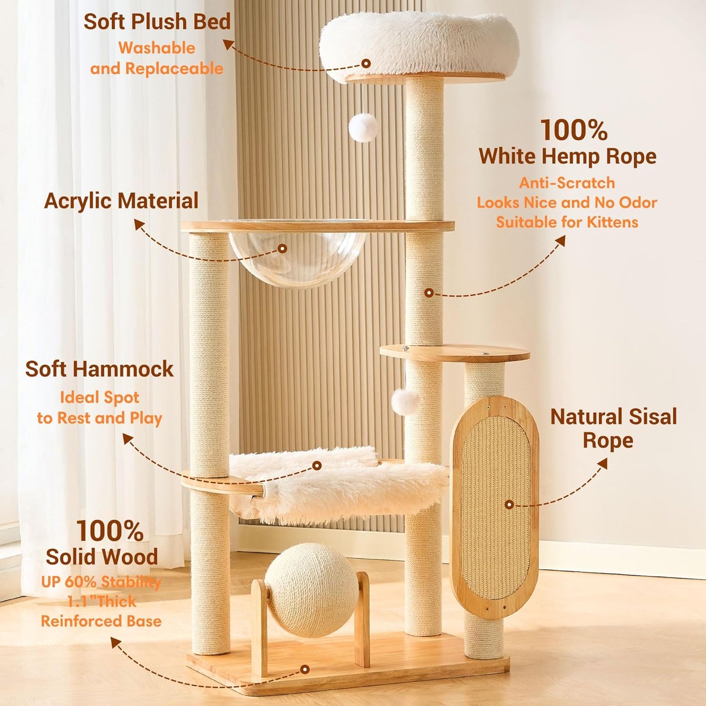HITTITE Solid Wood Cat Tree Tower with Scratching Post, 53 Inches Tall