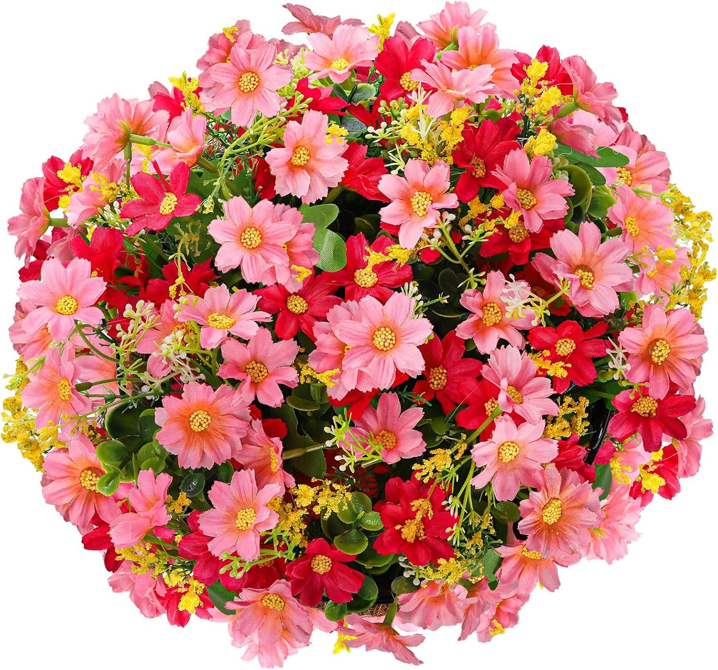 Hedume Artificial Fake Hanging Plants Flowers with Basket, Faux Silk Daisy Eucalyptus in Pot Planter Look Real, 8 inch Coconut Lining Basket for Porch Home Indoor Patio Balcony Yard Decoration