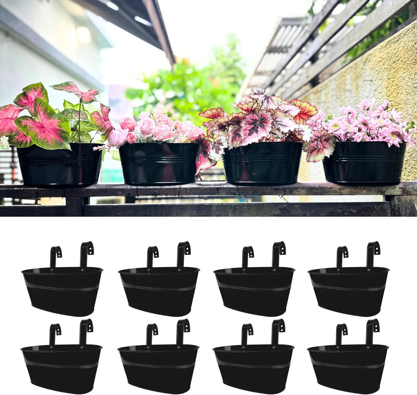 Maxona Metal Iron Hanging Flower Pots, 8 Pack, 11.8 Inch Oval Black Railing Fence Hanging Bucket Pots Countryside Style Window Flower Plant Holder with Detachable Hooks Home Décor
