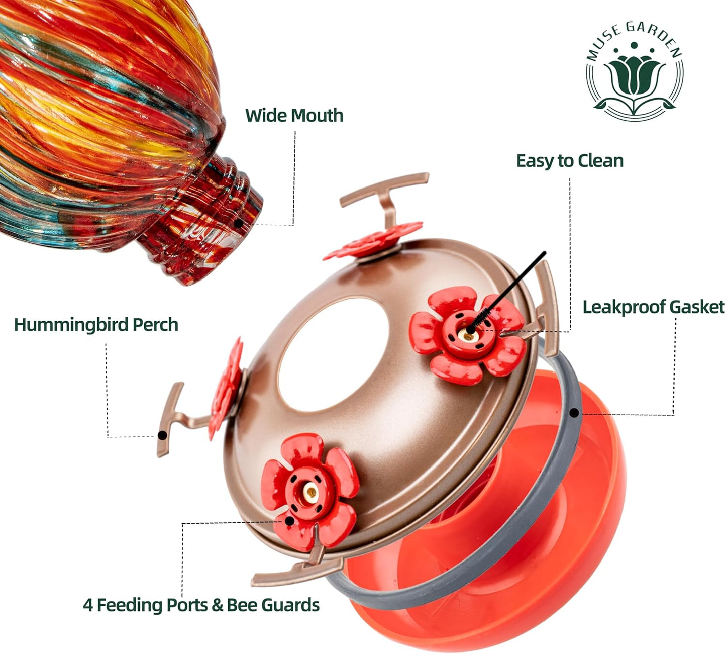 Hummingbird Feeder for Outdoors Hanging, Hand Blown Glass 24 OZ Capaci