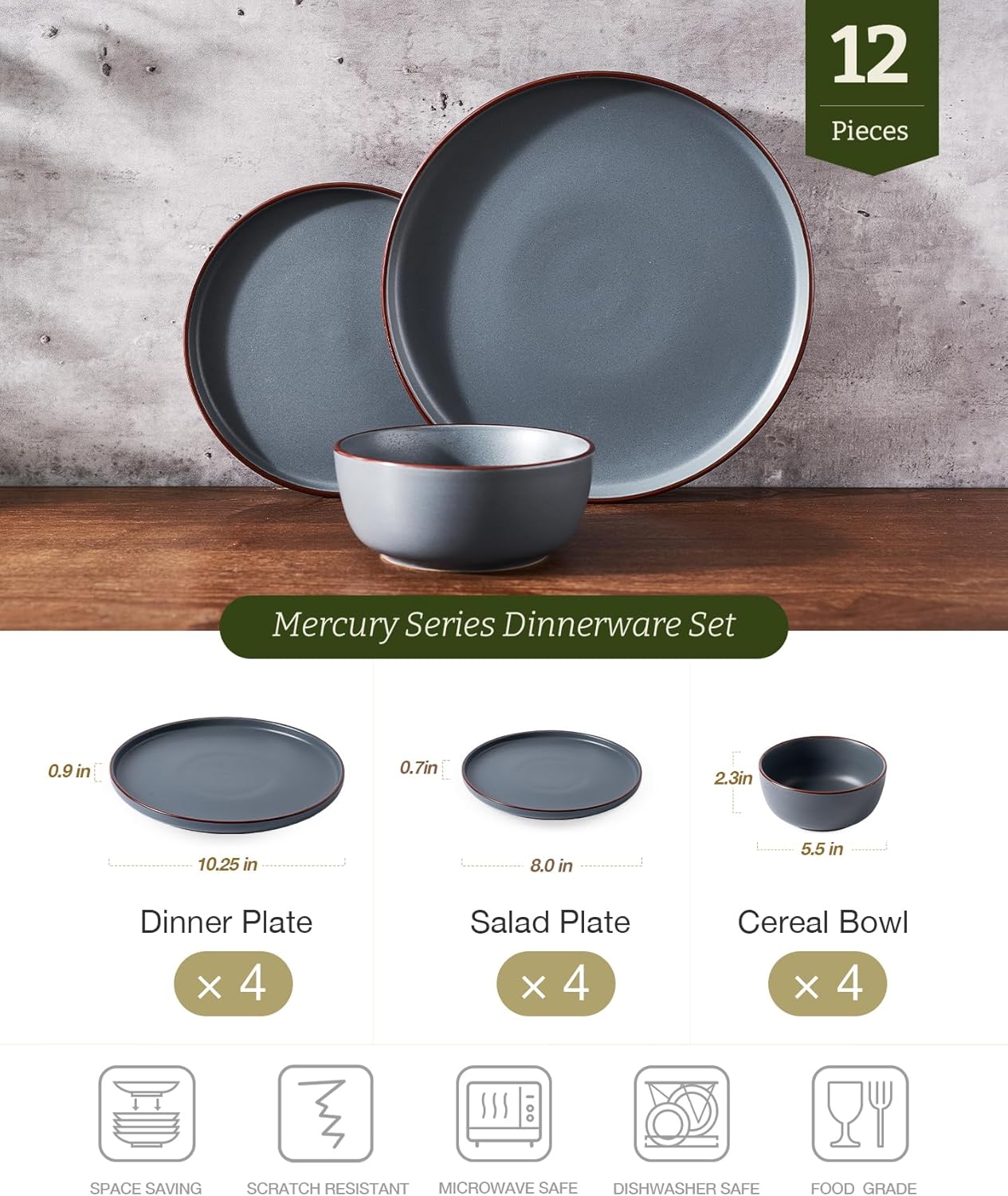 Famiware Mercury Plates and Bowls Sets, 12 Pieces Stoneware Dinnerware