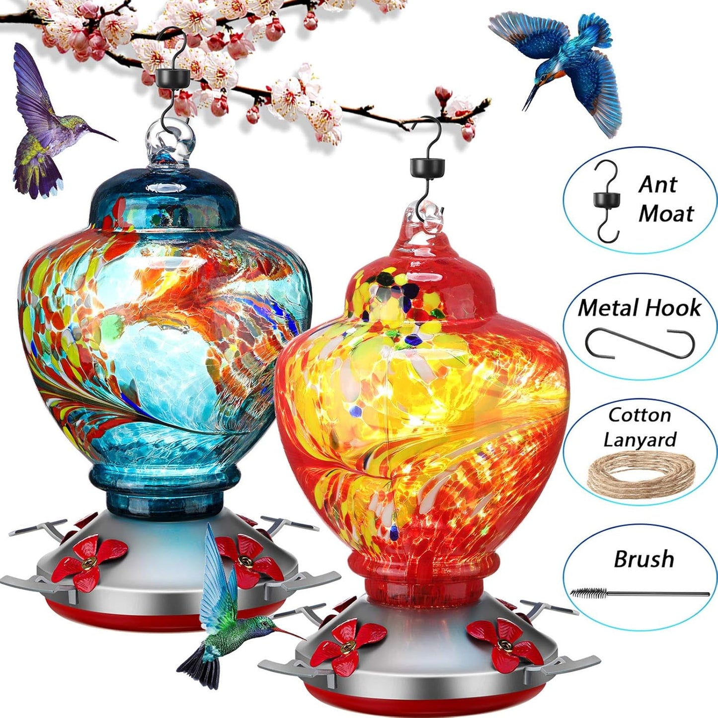 Boao 2 Pack Glass Hummingbird Feeder Set, 38 oz Large Capacity Hanging Bird Feeders with Ant Moat and 5 Feeding Ports, Decorative Garden Outdoor Feeder for Patio Yard and Garden Decor, Gifts for Mom