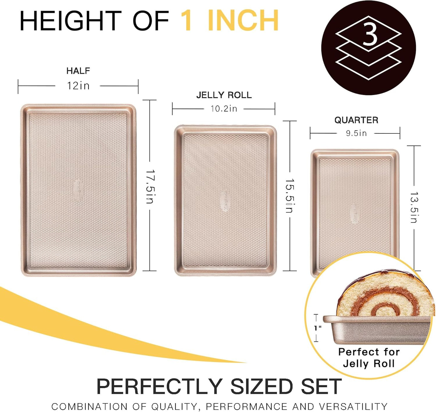 HONGBAKE Baking Sheet Pan Set of 3, Cookie Sheets for Oven, Nonstick H