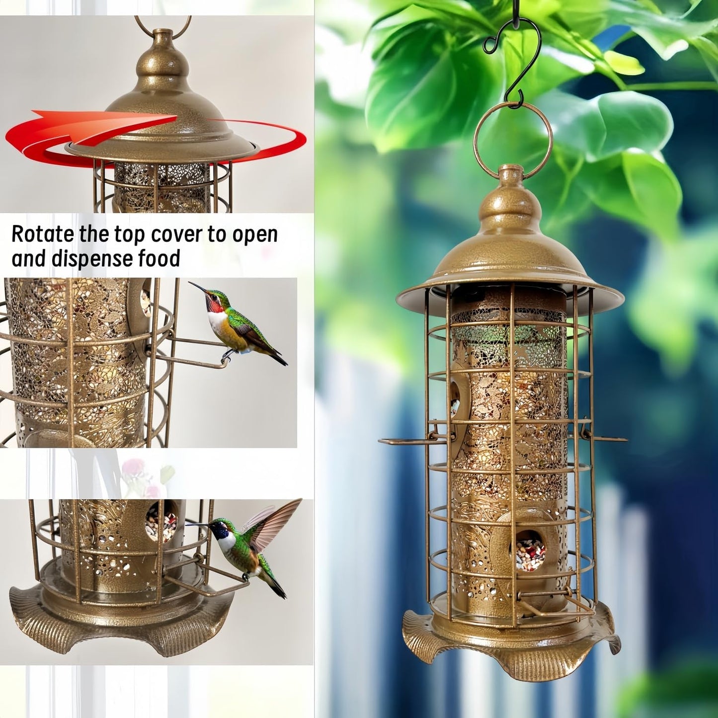 Rustic Metal Hanging Bird Feeder for Outdoors, Weather Resistant Wild Seed Feeders with Protective Cage & Perches for Backyard Patio Porch Gift Idea for Women Mom Grandma Bird Lovers