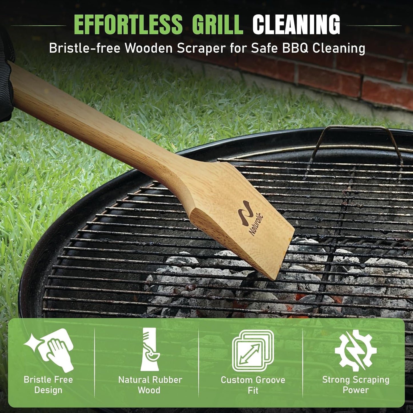 All-Natural Wooden Grill Scraper Tool 18" | Bristle-Free Grill Cleaner for Outdoor Grill | Eco-Friendly BBQ Cleaning Tool for Safe Grate Care