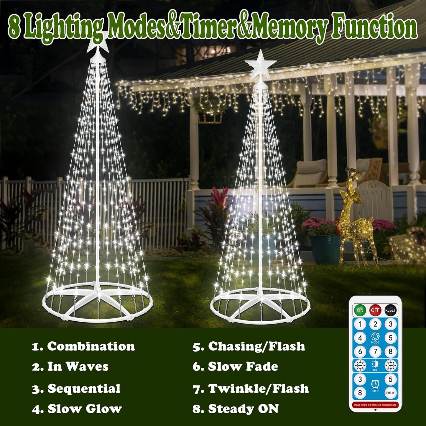 Outdoor Solar Christmas Cone Tree Lights, 8ft 444 LED Christmas Tree LightShow with 8 Modes Timer Remote, Lighted Artificial Tree USB Charge for Xmas Yard Porch Patio Party Holiday Decor, Cold White