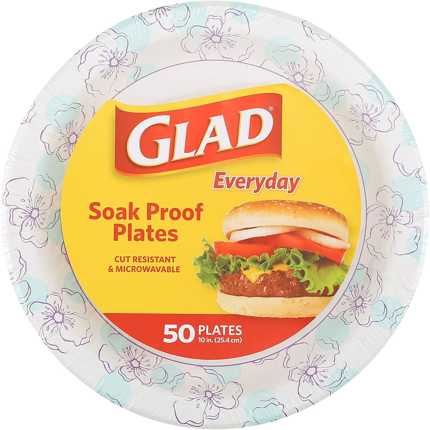 Glad Round Disposable Paper Plates, Blue Flower Design, Heavy Duty Soa