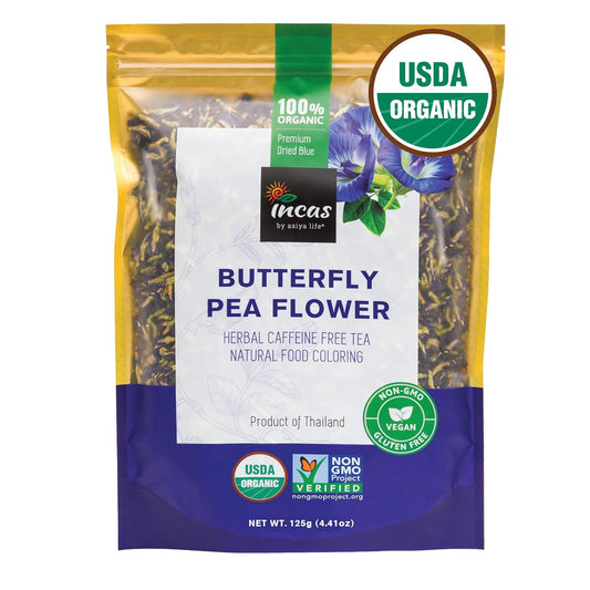 INCAS 100% USDA Organic Butterfly Pea Flower 4.41 oz (375+ Cups) DIREC