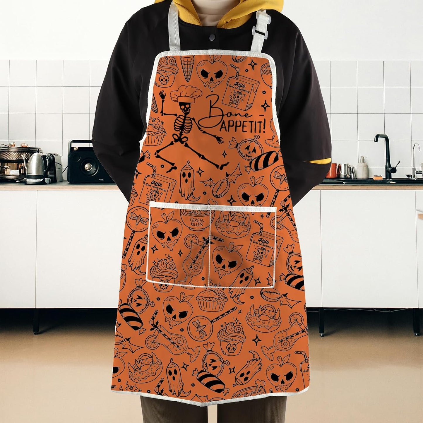 WCGXKO Bone Appetit Skeleton Halloween Kitchen Apron Halloween Cooking Gift Spooky Chef Gift for Chef