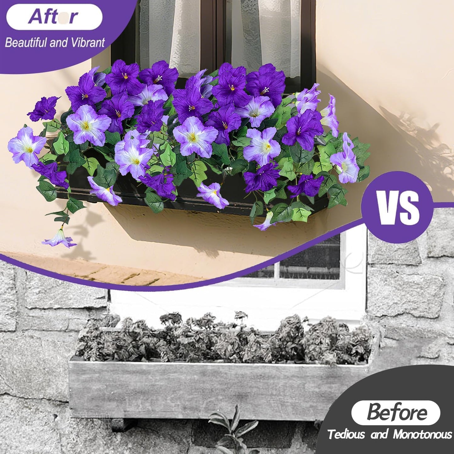 2Pcs Artificial Hanging Flowers for Outdoors, Fake Outdoor Flowers Faux Petunias Silk Flowers for Outdoor planters UV Resistant for Home Garden Balcony Yard Porch Patio Decor (Purple-White)
