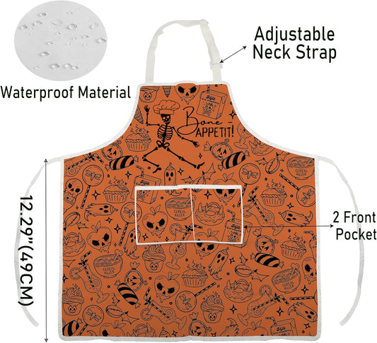 WCGXKO Bone Appetit Skeleton Halloween Kitchen Apron Halloween Cooking Gift Spooky Chef Gift for Chef