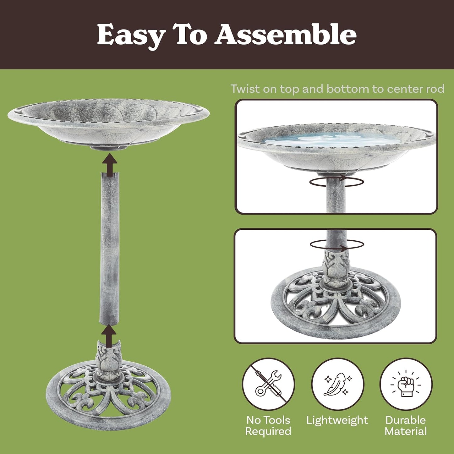 Outdoor Antique-Style Bird Bath - Weather-Resistant Polyresin Basin with Vintage Design and Ground Stakes - Yard and Patio Decor by Pure Garden (Gray)