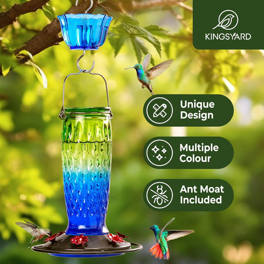 Kingsyard 2 Pack Glass Hummingbird Feeders for Outdoors Hanging, Wild Bird Nectar Feeder with 6 Feeding Ports, 24 oz Leak-Proof, Green & Blue (Ant Moat Included)