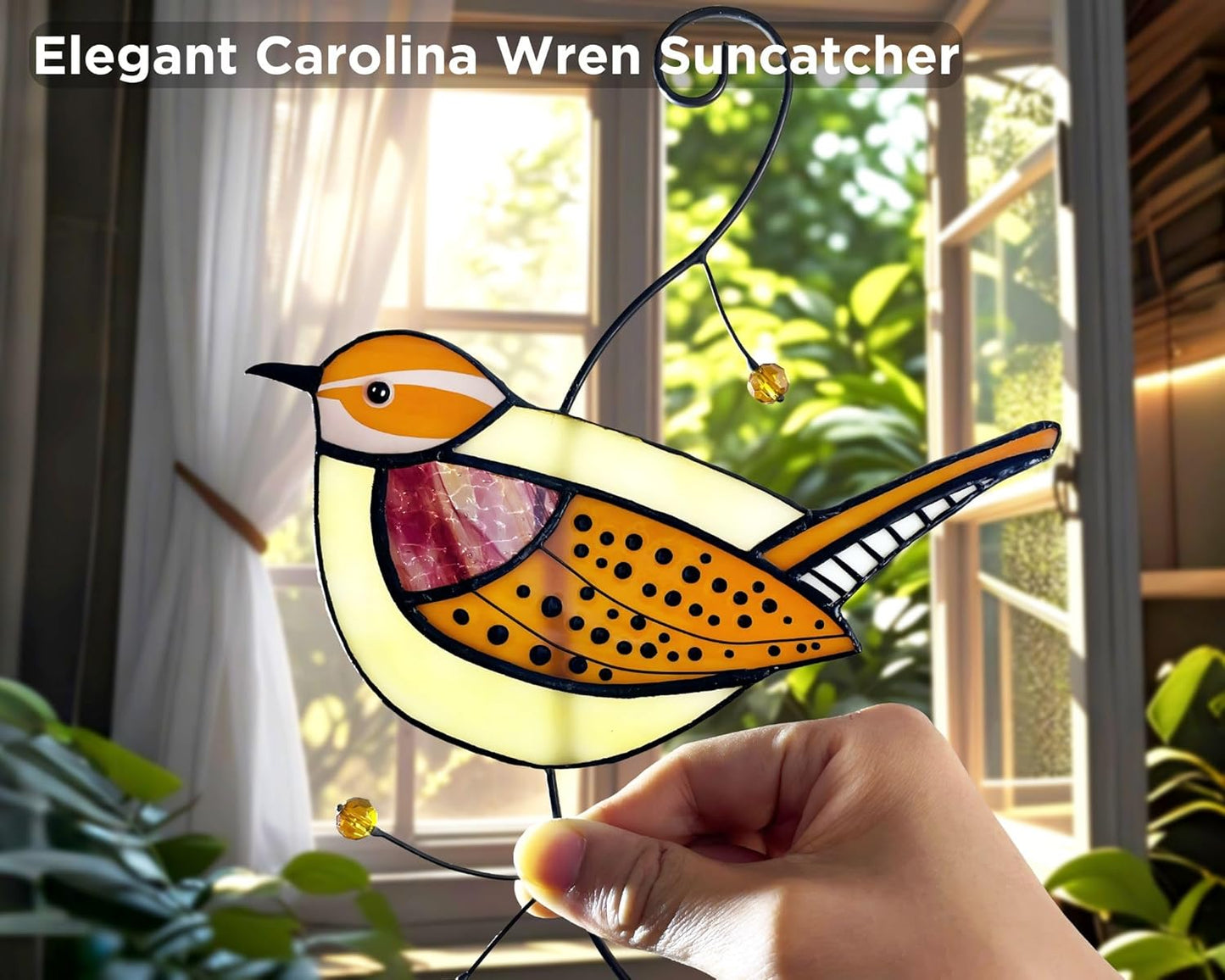 Carolina Wren Stained Glass Window Hanging - Handmade Real Glass Bird Suncatcher for Women, Mom, Grandma - Elegant Gifts Box Home Decor (H7.9xW6.1 Inch)
