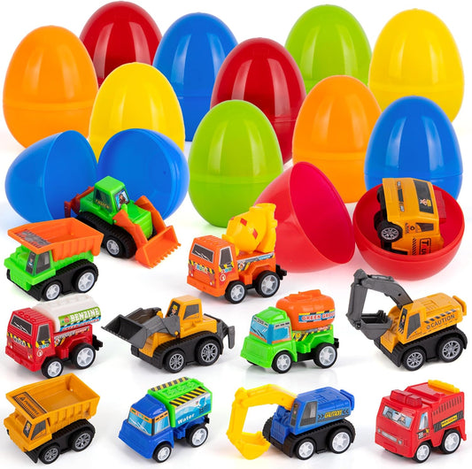 ArtCreativity Pre Filled Easter Eggs with Plastic Vehicles Inside - 12 Colorful Surprise Eggs for Kids with Pullback Construction Truck Toys - Easter Hunt Supplies - Basket Stuffers