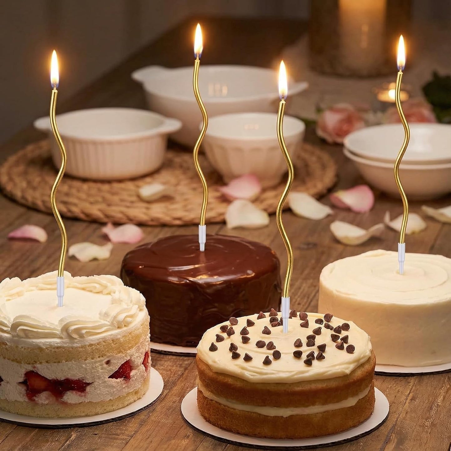 Pack of 12 Pieces Long Twisty Gold Party Candles with Candle Holders, Gold Spiral Birthday Candles for Cakes, Tall Candles for Wedding, Birthday, Party Decorations, Anniversary and Meetups