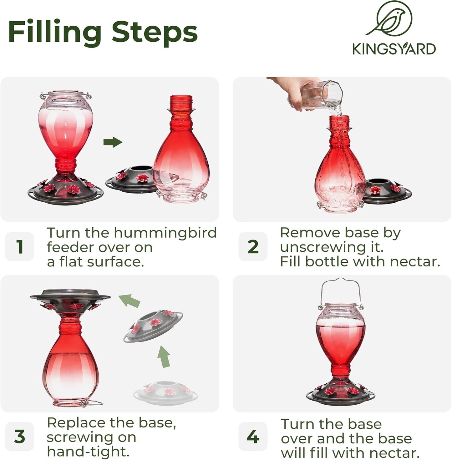 Kingsyard Glass Hummingbird Feeder - 6 Bee Guard Feeding Ports & Ant Moat, 24 oz Leak Proof, Wild Bird Feeder for Outdoors Hanging, Easy to Clean & Refill, Garden Yard Décor, Red & Pink
