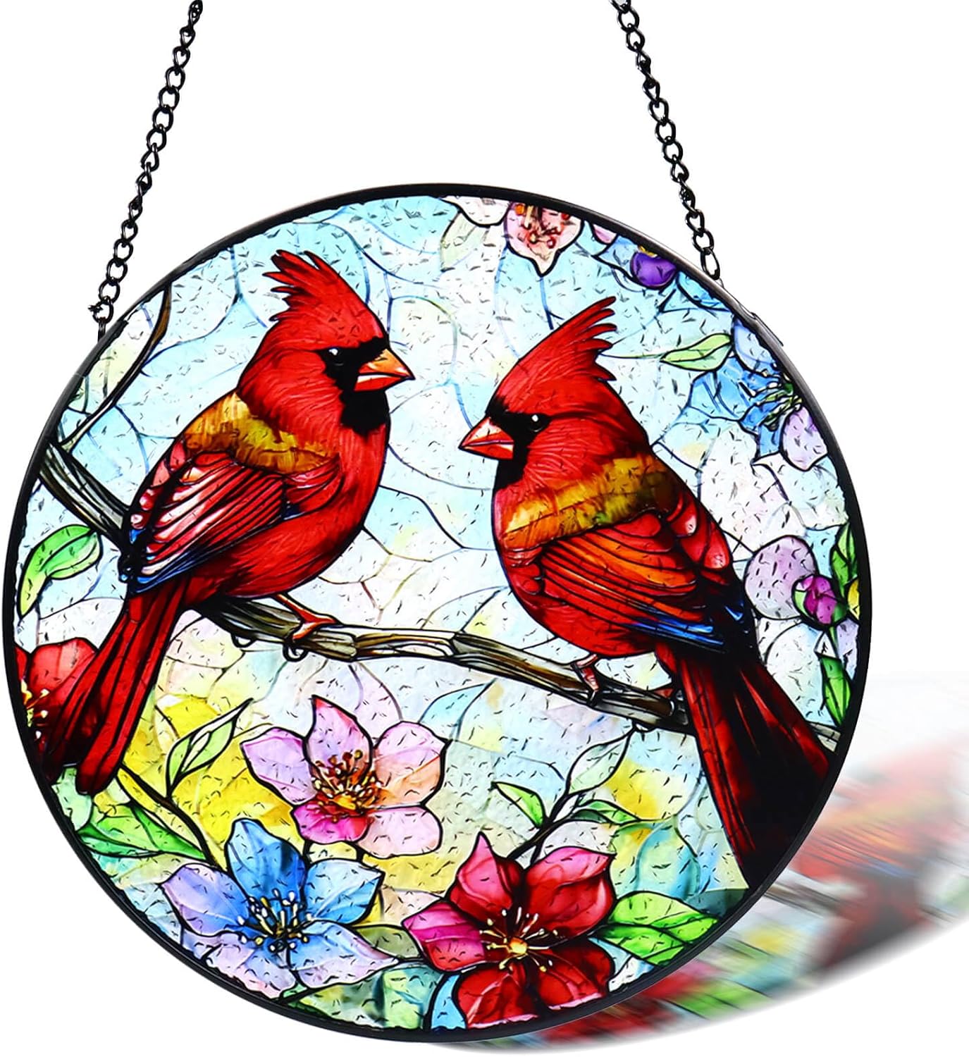 Stained Glass Window Hanging, 8 in Cardinal Sun Catchers, Diamond Glass Panel Landscape Suncatcher for Home Decor - Gift for Bird Lovers Women Mother's Day Christmas