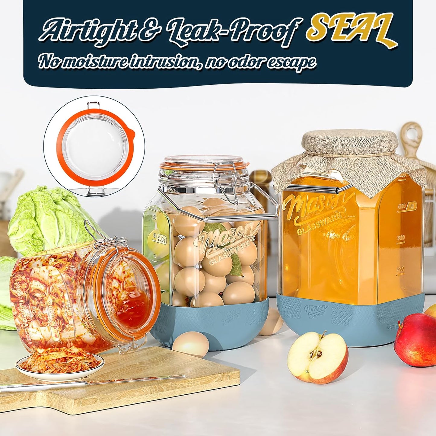 2 Pack Square 1 Gallon Glass Jar with Airtight Lid, Large Mason Jars Wide Mouth 128 Oz with Scale Marks & Handle, Glass Storage Containers with Anti-slip Base for Kitchen, Pantry, Laundry Room, Flour