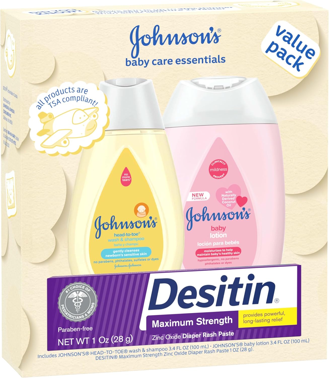 Johnson's Baby Care Essentials Gift Set, Body Lotion, & Zinc Oxide Dia