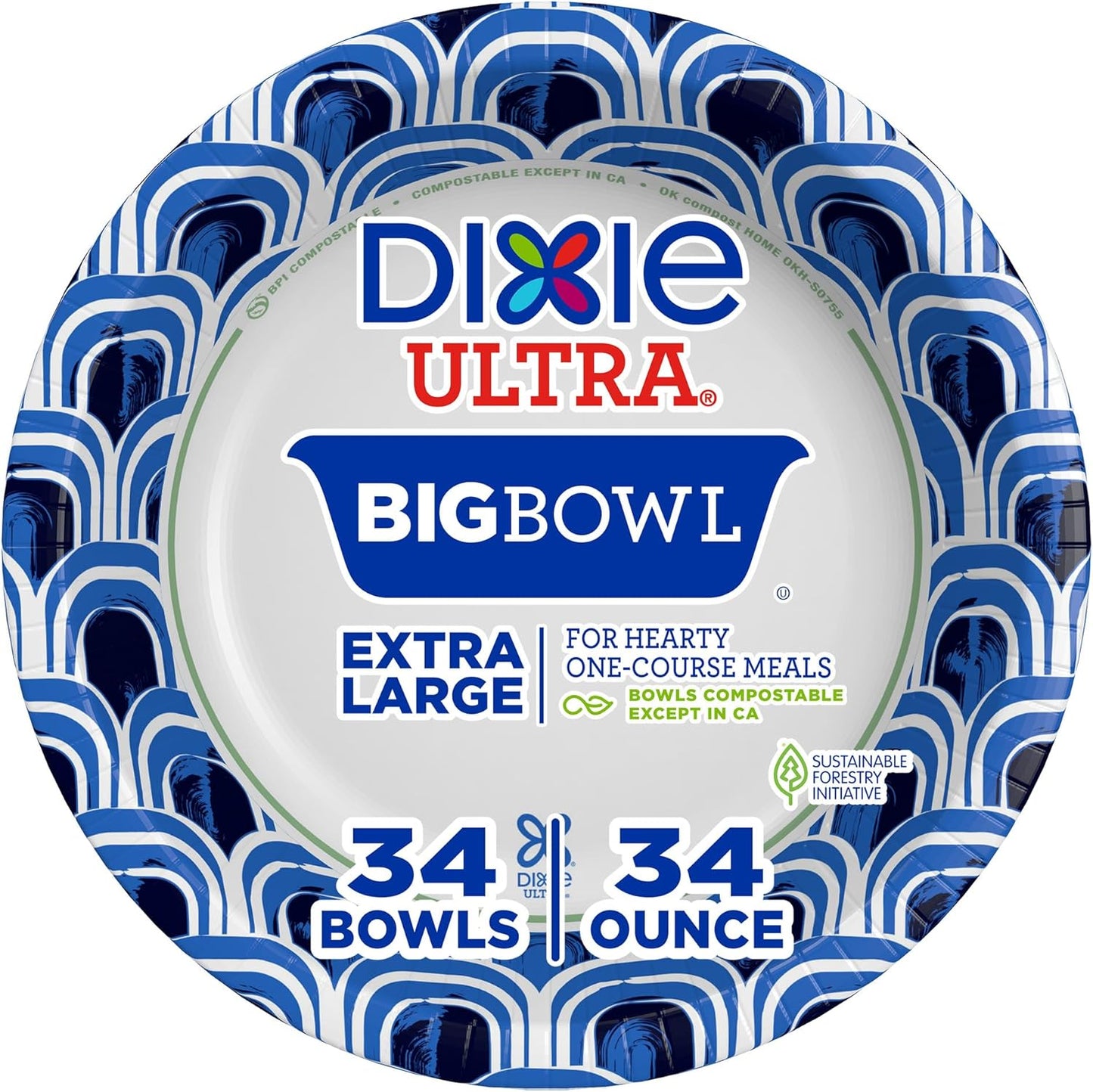 Dixie Ultra Extra Large Paper Bowls, 34 oz, 34 Count, Compostable, Mic