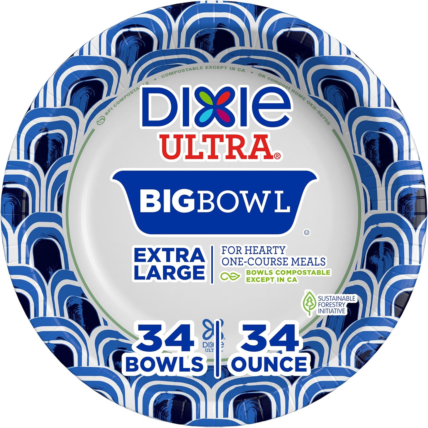 Dixie Ultra Extra Large Paper Bowls, 34 oz, 34 Count, Compostable, Mic
