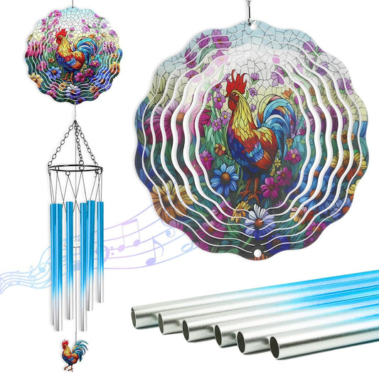 Rooster Hanging Wind Chime for Outside - Stainless Steel Wind Sculpture Chicken Wind Spinners Outdoor Farmhouse Art Ornaments with Card for Garden Yard Balcony Patio Lawn Decorations