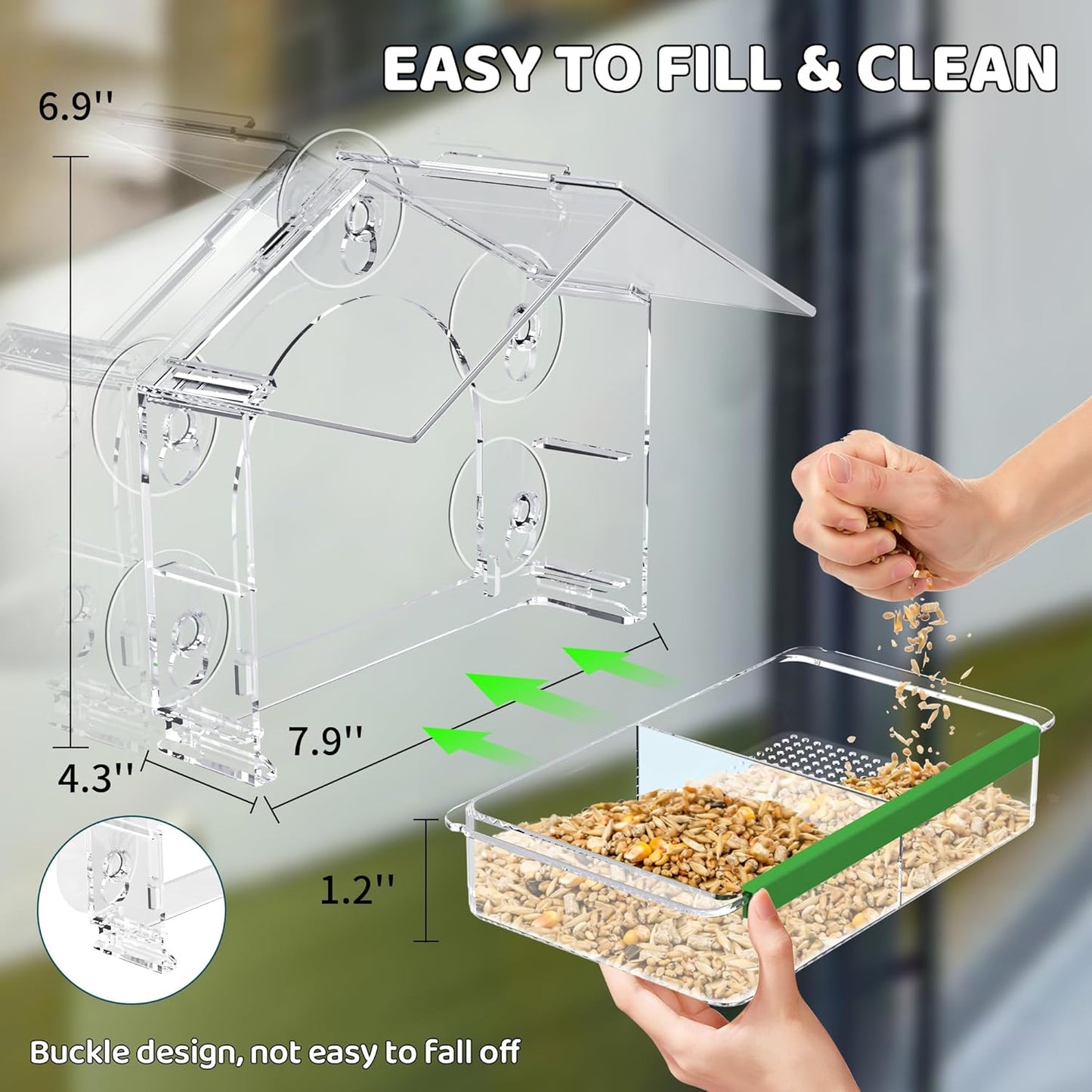 Window Bird Feeder, Clear Birds Feeder with 5 Strong Suction Cups, Easy-to-Clean Detachable Feeding Tray, Outdoor Window Viewing Box, Weatherproof Garden Decor, Gifts for Bird Lovers, Cats