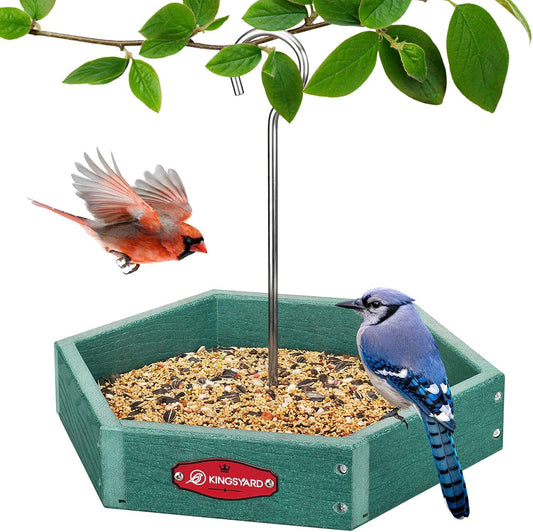 Kingsyard Heavy Duty Hanging Platform Bird Feeder Weatherproof, Recycled Plastic Tray with Metal Mesh Screen, Easy Clean Outdoor Feeder for Cardinals Bluebirds Wild Birds, Green