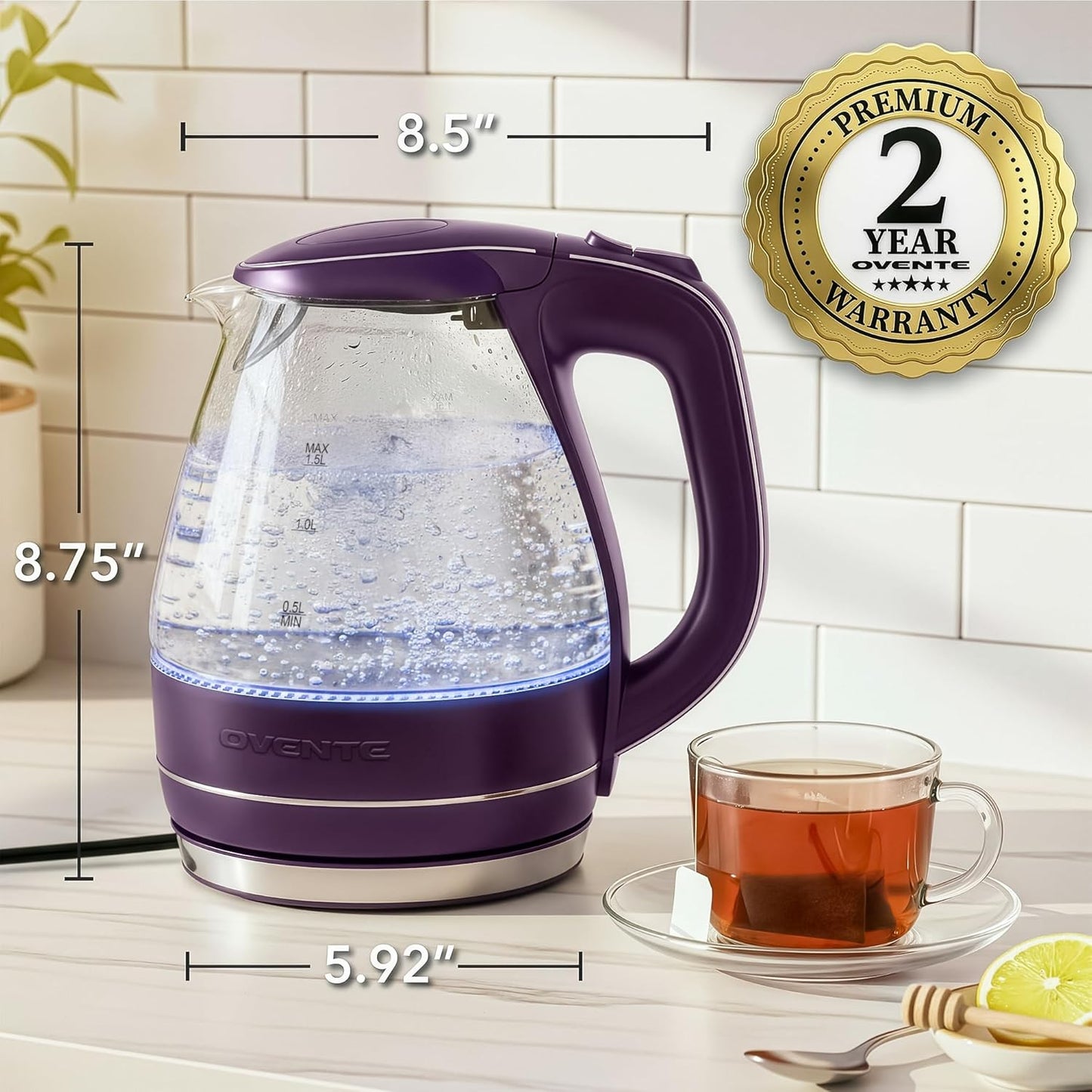 OVENTE Electric Kettle, 1.5L Borosilicate Glass Countertop Water Heater and Boiler for Coffee or Tea, BPA-Free, Auto Shut-Off, Boil-Dry Protection, Removable and Washable Spout Filter, Purple KG83P