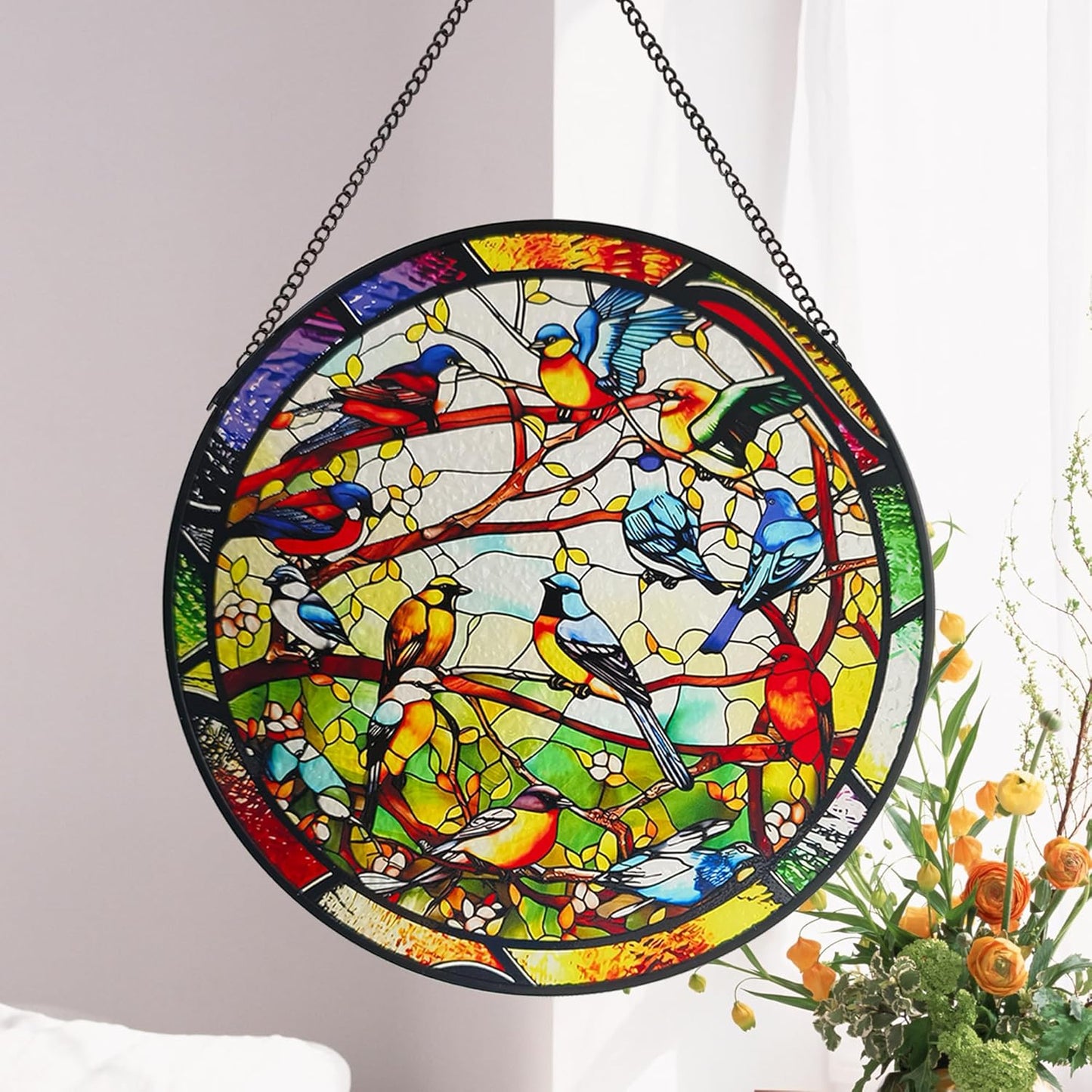 Birds Stained Glass Window Hanging, 9.8'' Birds on Branch Suncatcher for Windows Hanging Wall Art Home Garden Office Decor Christmas Birthday Gifts