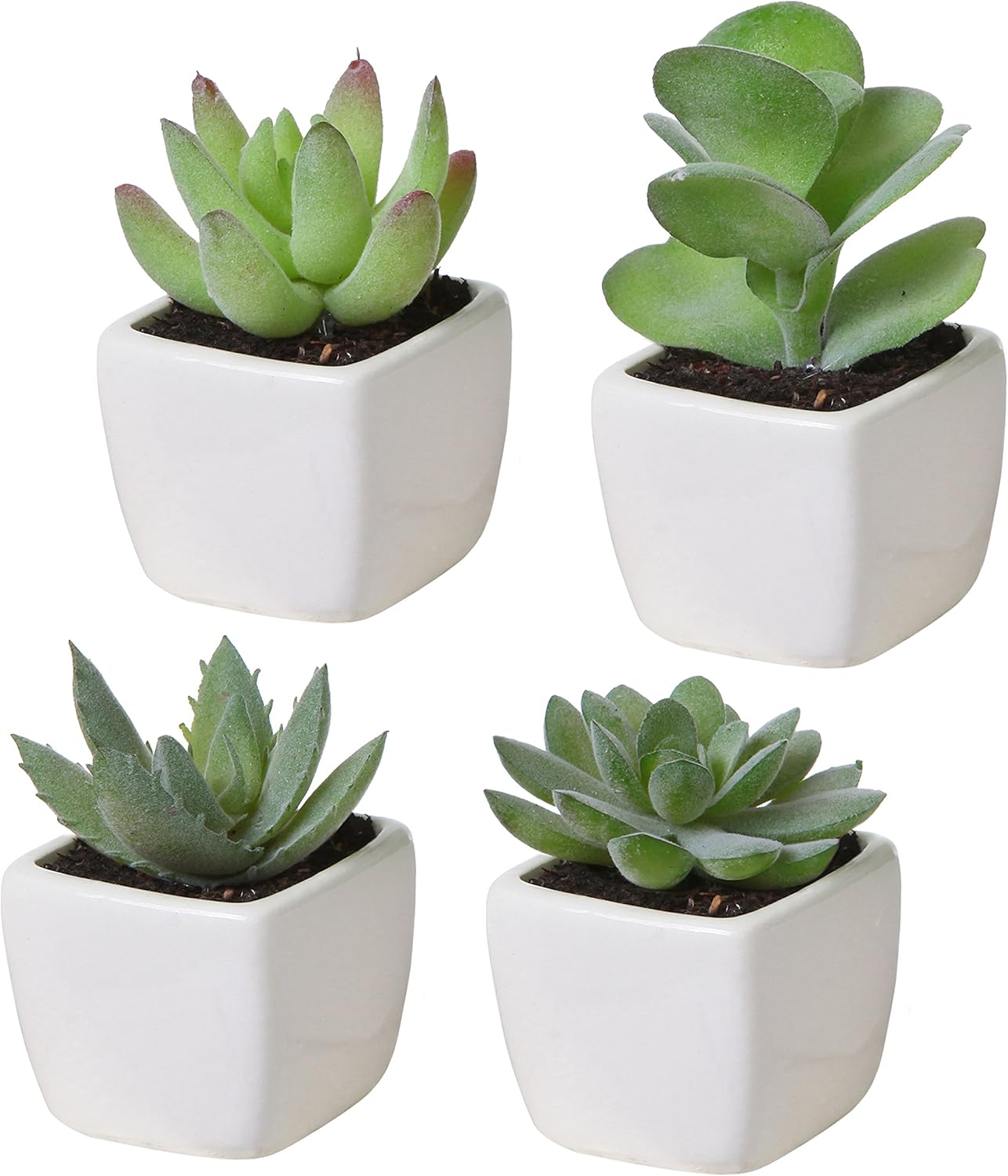 MyGift Set of 4 Mini Assorted Green Decorative Artificial Succulent Plants in Square White Glazed Ceramic Planter Pots