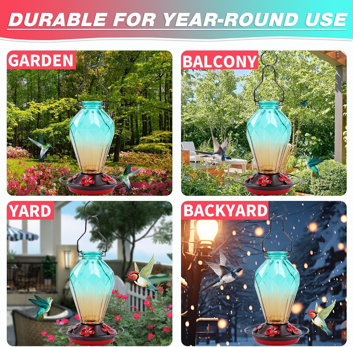 Glass Hummingbird Feeder for Outdoors Hanging, 25Oz Humming Bird Necta