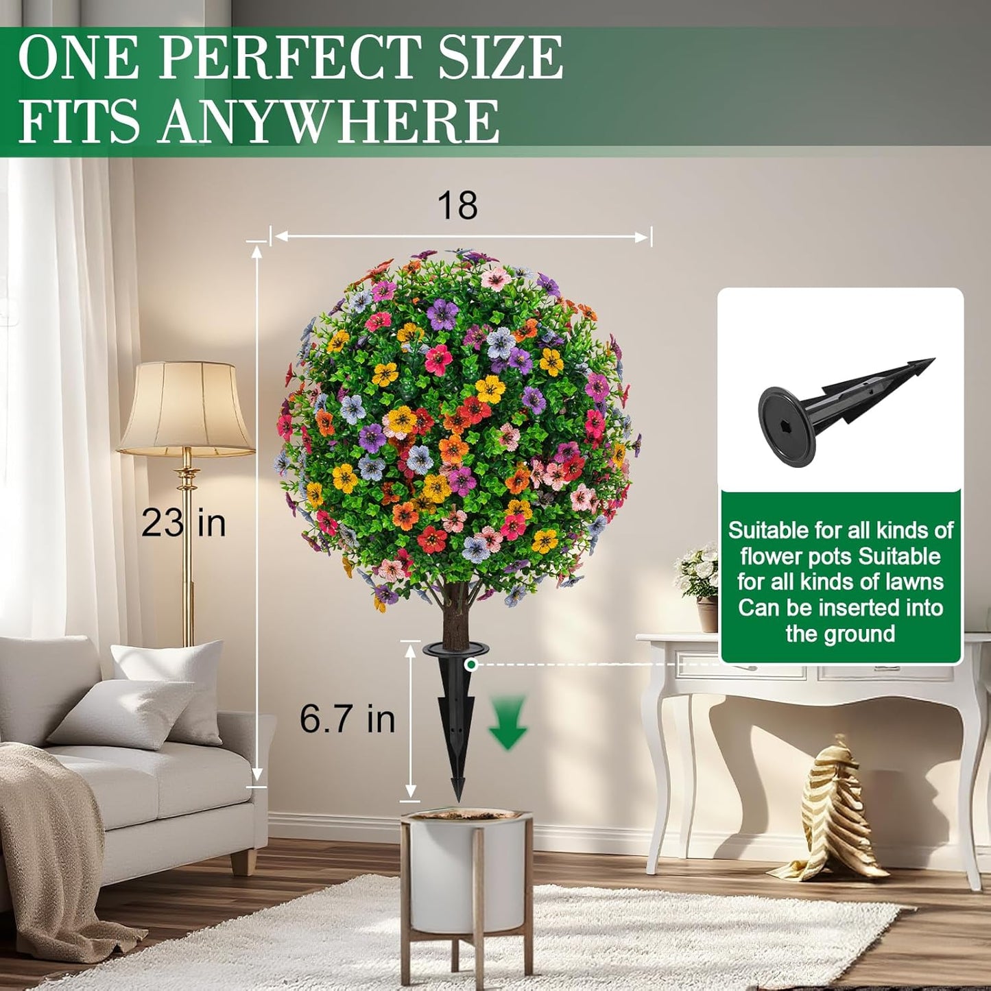 23" Artificial Boxwood Topiary Ball Trees with Colorful Flowers, Set of 2 UV Resistant No Fade Outdoor Faux Plants with Ground Spike, Fake Shrubs for Garden, Patio, Porch, Yard, Indoor Decor